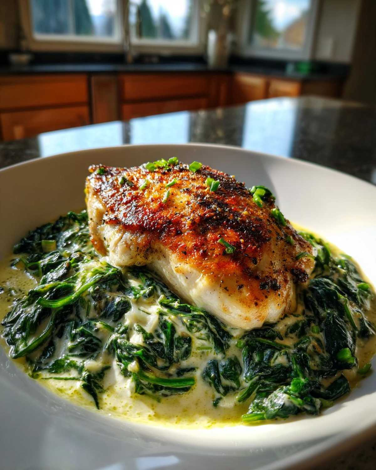 A perfectly seared chicken breast resting on a bed of creamy spinach ricotta in a white bowl.