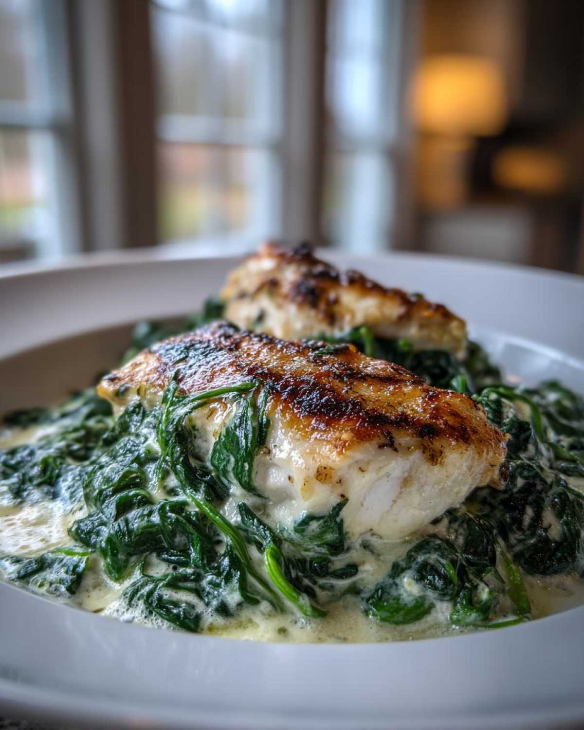 Two seared chicken breasts served over creamy spinach ricotta sauce in a white bowl.