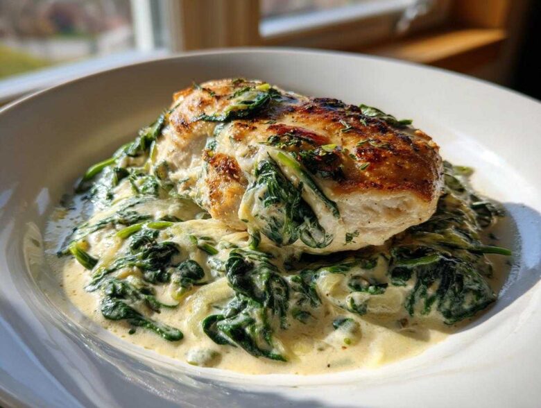 A perfectly seared chicken breast served over a bed of spinach in a rich, creamy sauce for Creamy Spinach Ricotta Chicken Skillet.