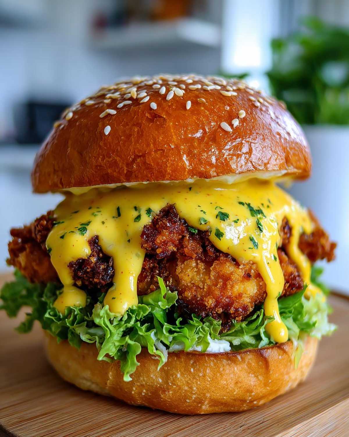 Close-up of a Crispy Chicken Burger with Honey Mustard Sauce generously drizzled over the fried chicken patty and lettuce.