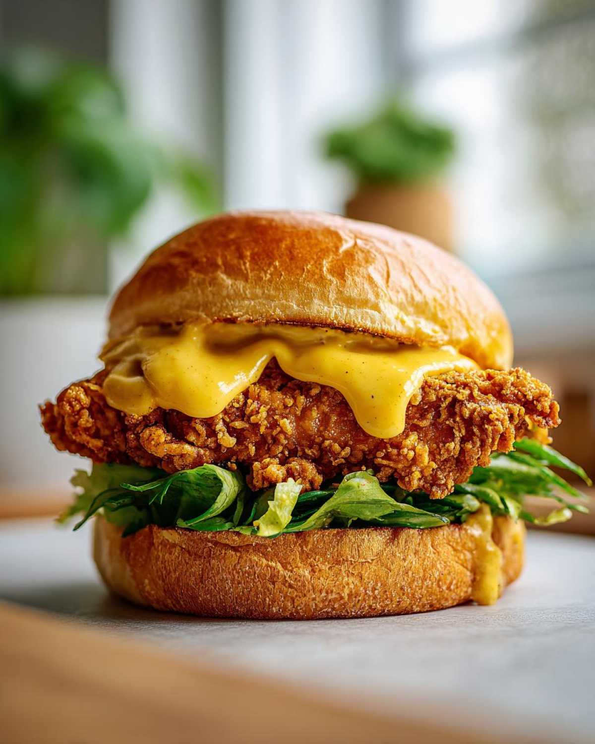 Close-up of a Crispy Chicken Burger with Honey Mustard Sauce dripping over the fried chicken and lettuce.