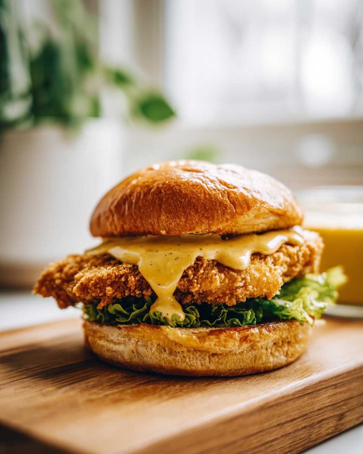 Close-up of a Crispy Chicken Burger with Honey Mustard Sauce dripping over the fried chicken patty and lettuce on a brioche bun.
