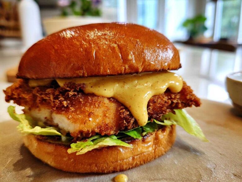A close-up of a Crispy Chicken Burger with Honey Mustard Sauce dripping over the fried chicken patty and lettuce on a brioche bun.