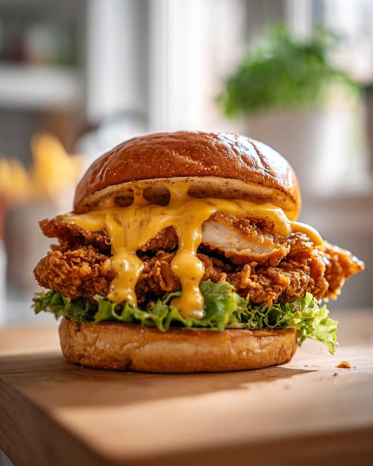 Close-up of a Crispy Chicken Burger with Honey Mustard Sauce dripping over the fried chicken patty and lettuce.