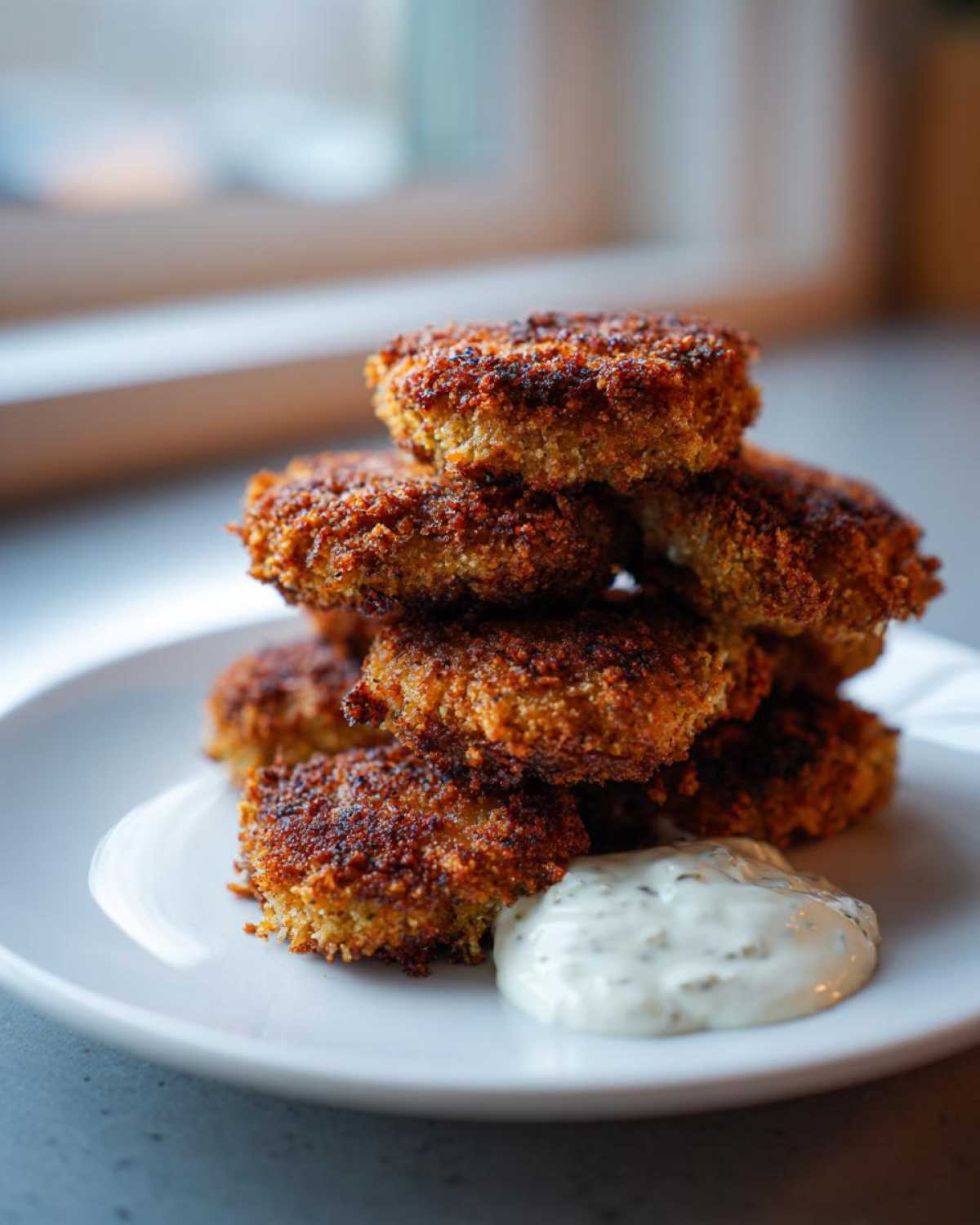 A stack of golden brown, crispy chicken fritters served on a white plate next to a dollop of garlic yogurt sauce.