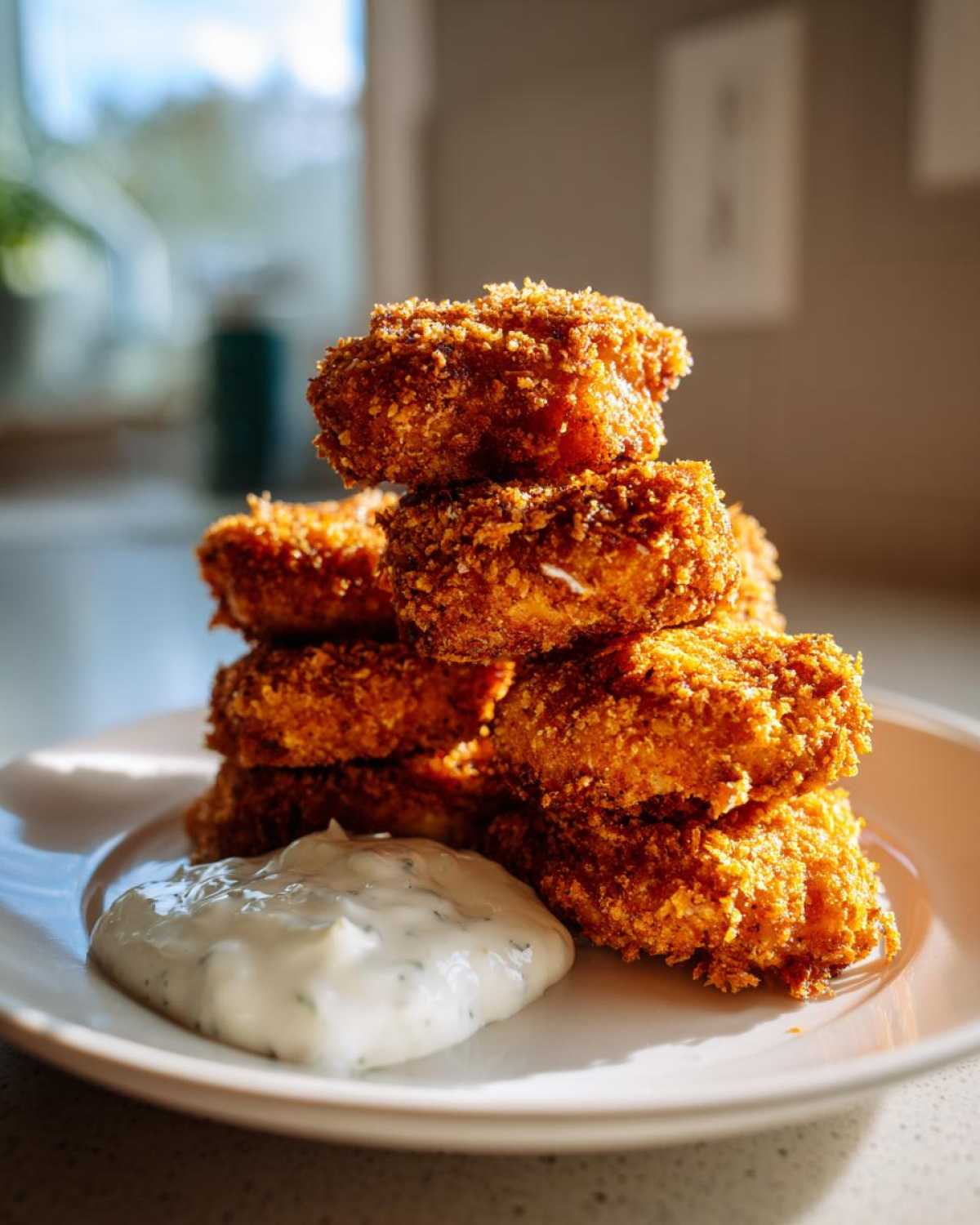 A stack of golden brown, crispy chicken fritters served with a dollop of creamy garlic yogurt sauce on a white plate.