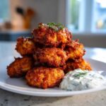 A stack of golden brown Crispy Chicken Fritters served with a side of creamy garlic yogurt sauce garnished with dill.