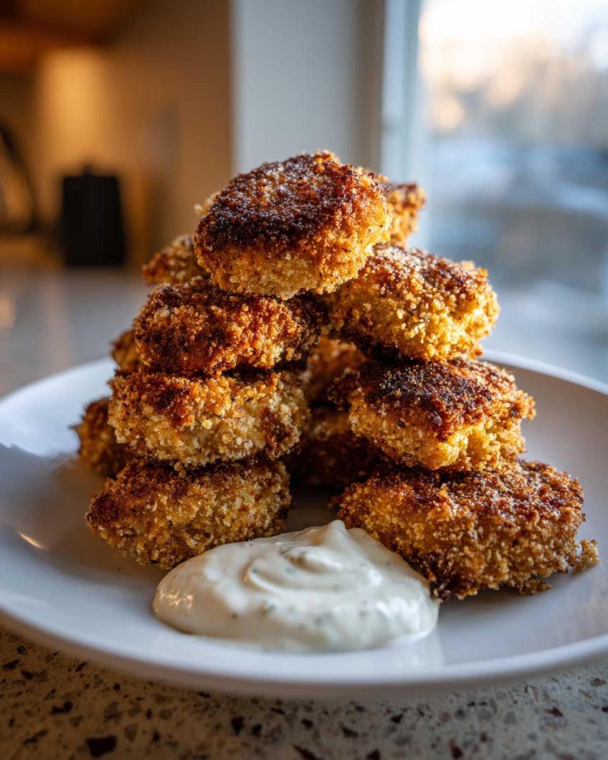 A tall stack of golden brown, crispy chicken fritters served on a white plate next to a dollop of garlic yogurt sauce.