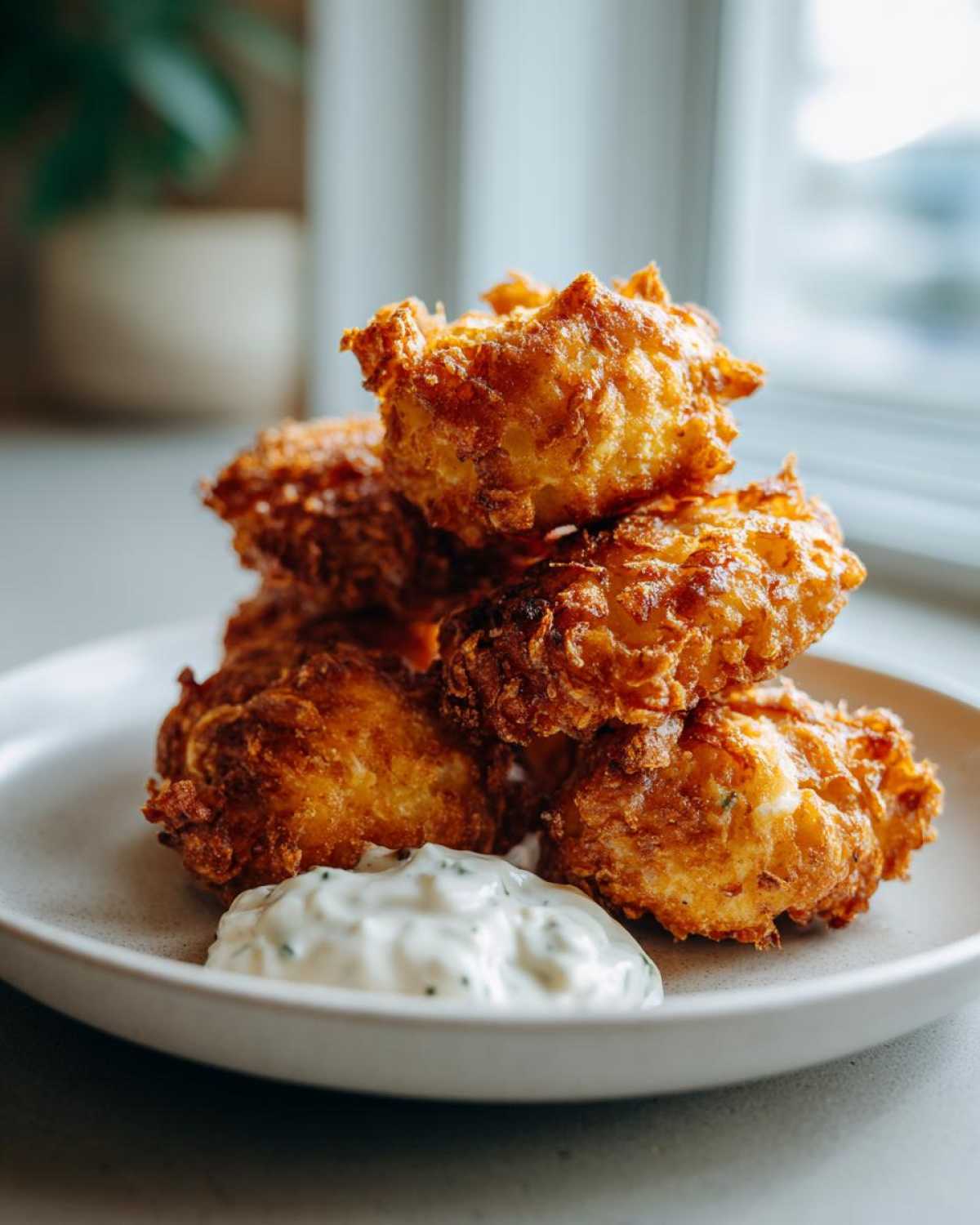 A stack of golden brown Crispy Chicken Fritters served with a dollop of creamy garlic yogurt sauce.