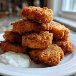 A tall stack of golden brown, crispy chicken fritters served on a white plate next to a dollop of garlic yogurt sauce.