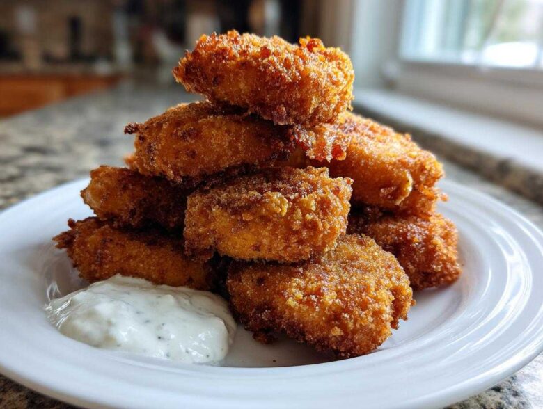 A tall stack of golden brown, crispy chicken fritters served on a white plate next to a dollop of garlic yogurt sauce.