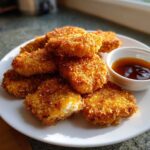 A pile of golden brown, crispy chicken nuggets served on a white plate next to a small bowl of honey garlic dip.