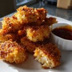 A pile of golden brown, crispy chicken nuggets served with a side of rich honey garlic dip.