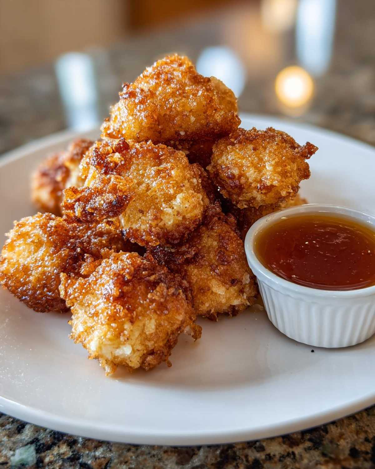 A stack of golden brown, crispy chicken nuggets served on a white plate next to a small ramekin of honey garlic dip.