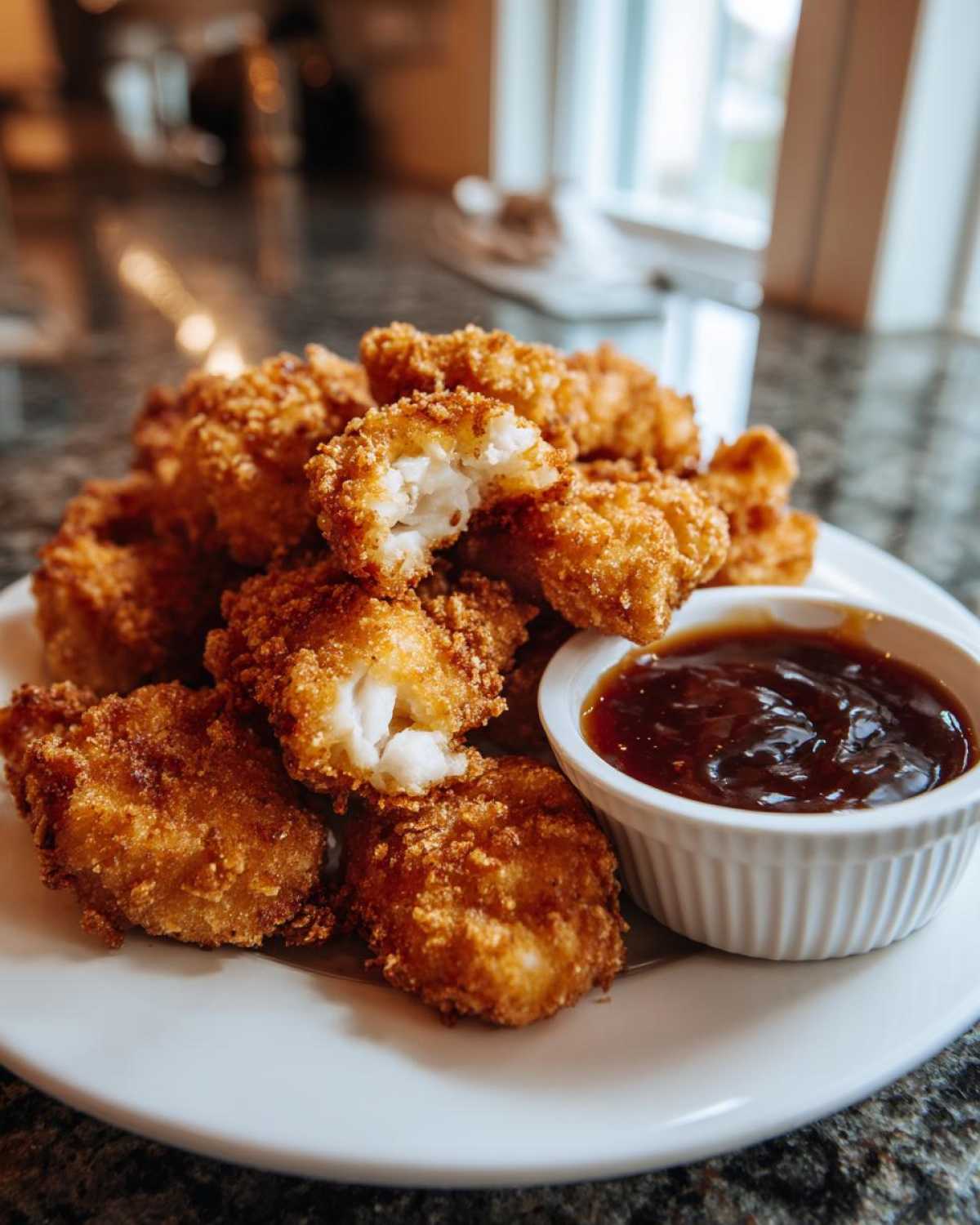 A plate piled high with golden, crispy chicken nuggets, one broken open to show the white meat, served with a side of honey garlic dip.