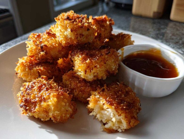 A pile of golden brown, crispy chicken nuggets served with a side of rich honey garlic dip.