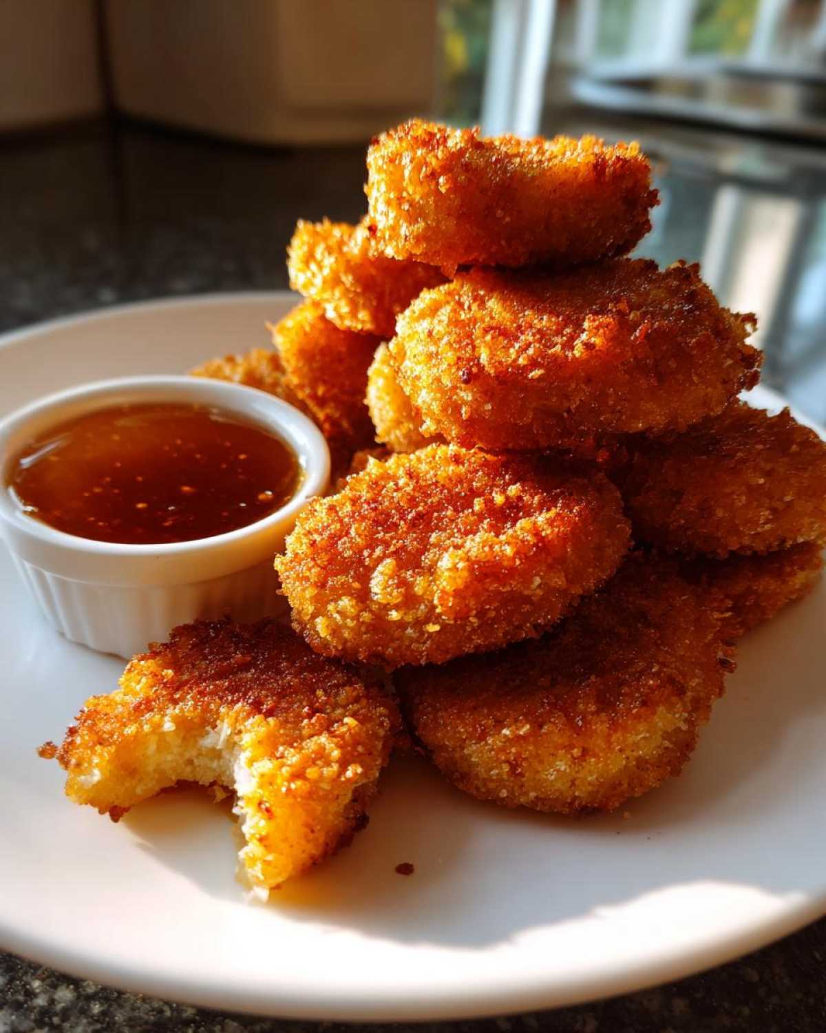 A stack of golden brown, crispy chicken nuggets next to a small ramekin of honey garlic dip.