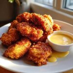 A pile of golden brown, extra crispy chicken nuggets served with a small bowl of bright yellow honey mustard dip.