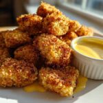 A pile of golden brown, crispy chicken nuggets served with a side of bright yellow honey mustard dip.