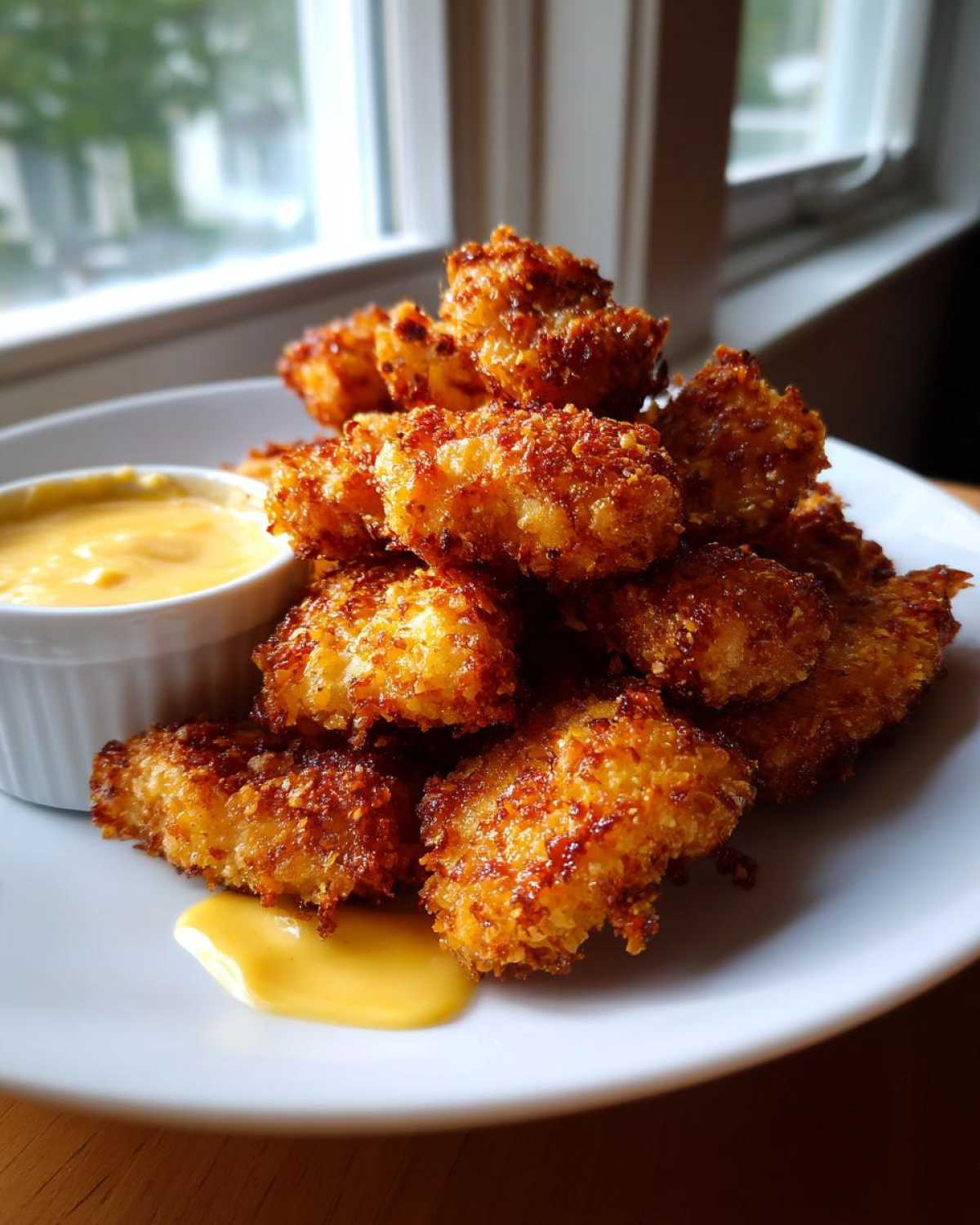 A pile of golden brown Crispy Chicken Nuggets served on a white plate next to a small bowl of bright yellow honey mustard dip.