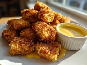 A pile of golden brown, crispy chicken nuggets served with a side of bright yellow honey mustard dip.
