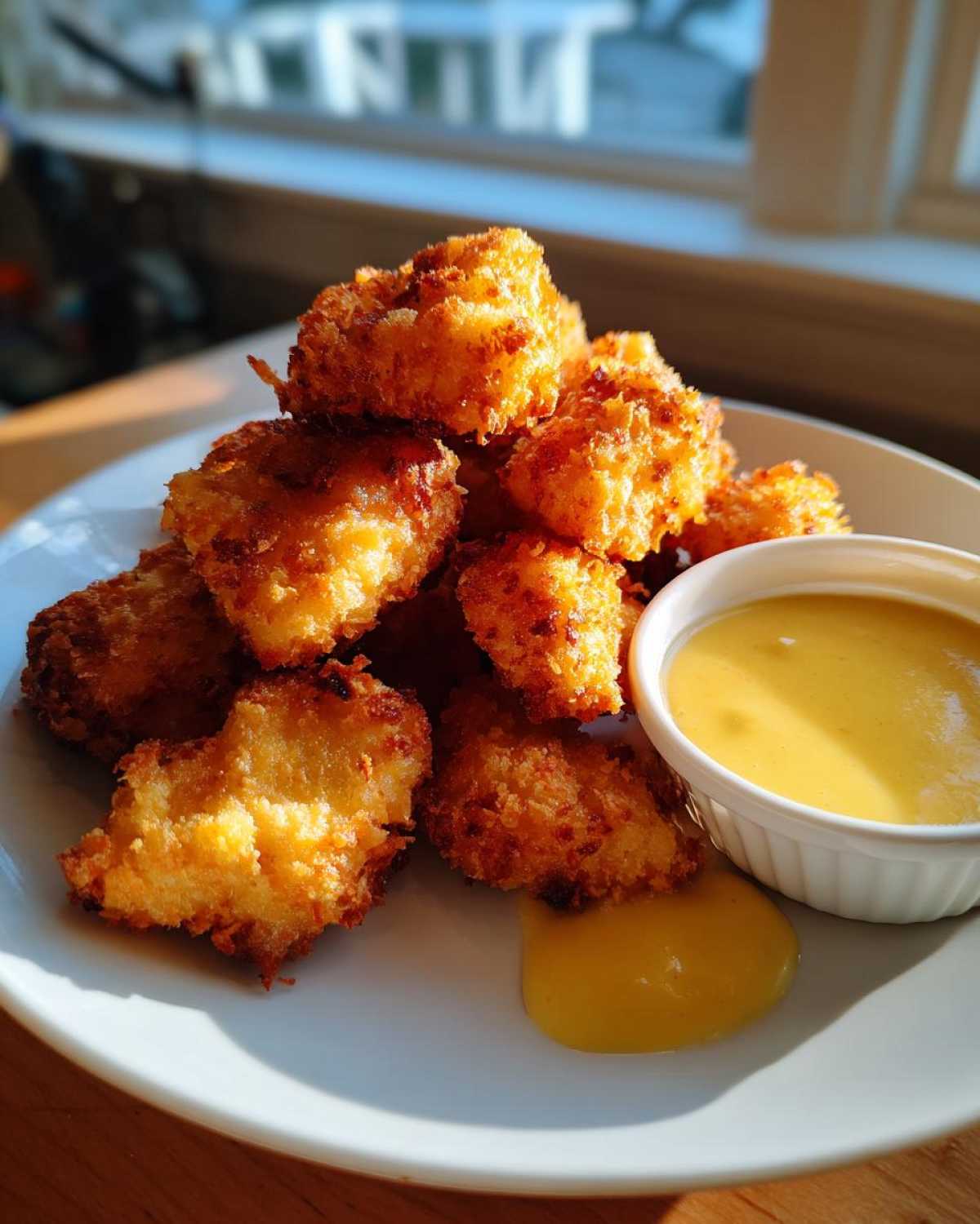 A pile of golden brown Crispy Chicken Nuggets served with a side of bright yellow Honey Mustard Dip on a white plate.