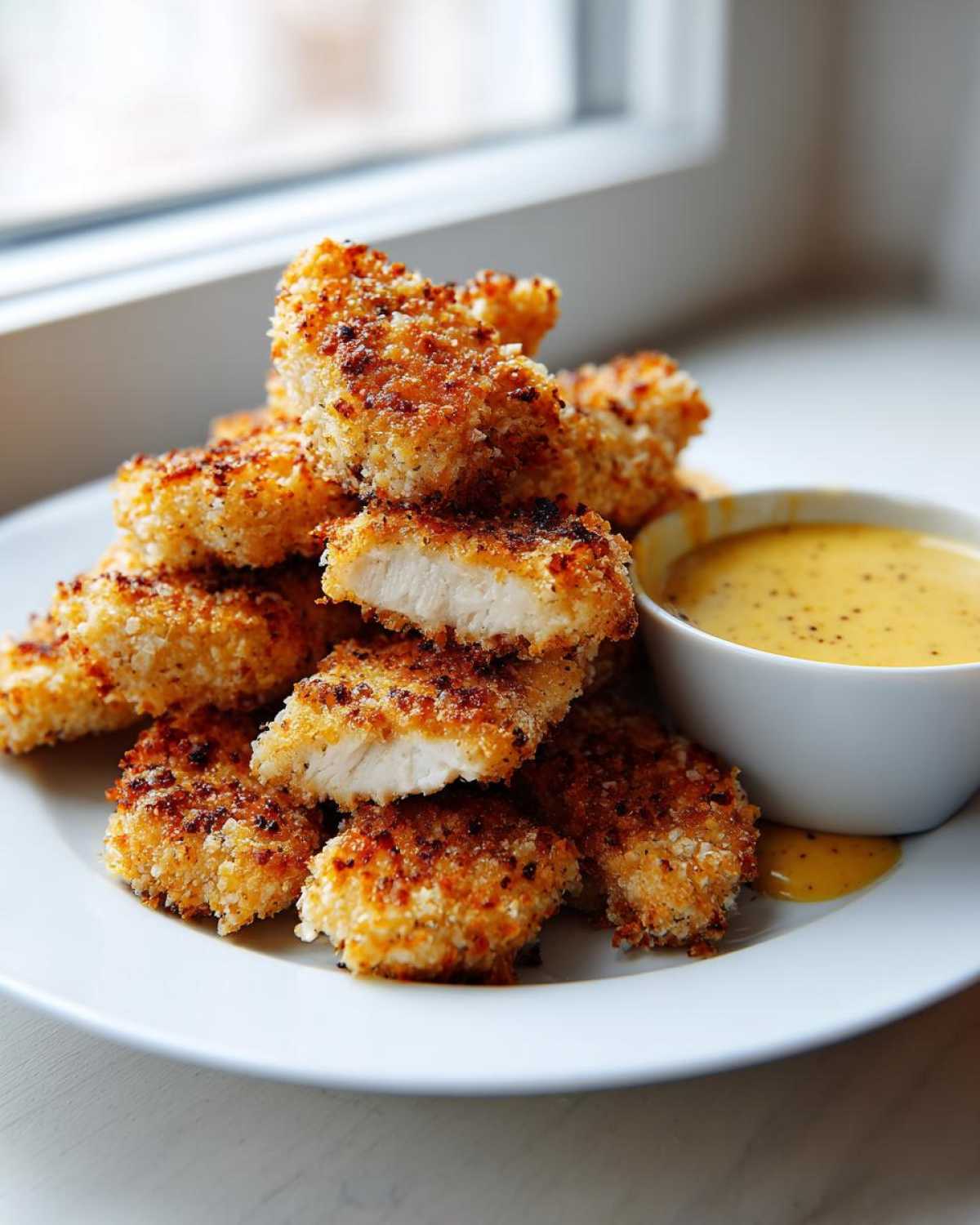 A stack of golden brown Crispy Chicken Nuggets with Honey Mustard Dip on a white plate.