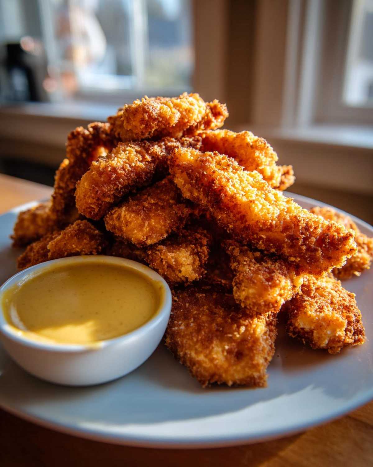 A large pile of golden brown Crispy Chicken Nuggets served next to a small white bowl of bright yellow Honey Mustard Dip.