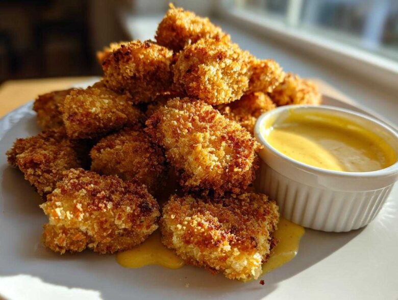 A pile of golden brown, crispy chicken nuggets served with a side of bright yellow honey mustard dip.