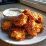 A plate piled high with golden, extra crispy chicken nuggets served alongside a small bowl of creamy ranch dip.
