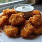 A plate piled high with golden brown, crispy chicken nuggets served with a small white ramekin of ranch dip.