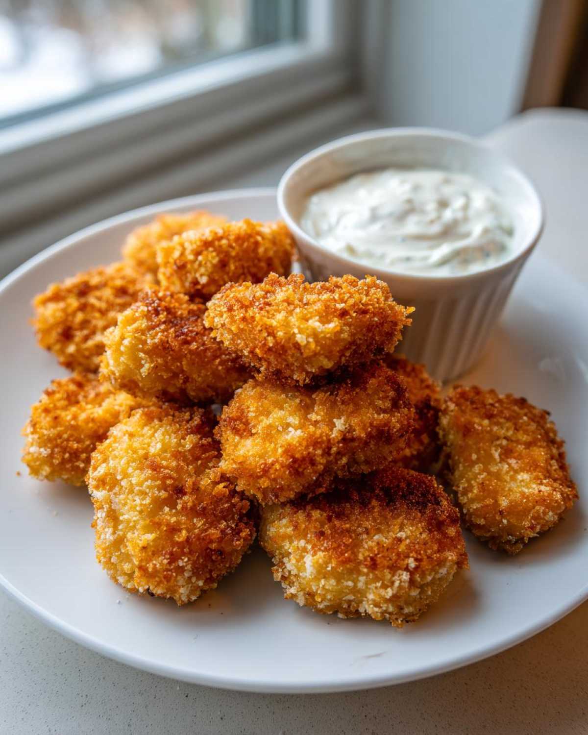 A pile of golden brown, crispy chicken nuggets served on a white plate next to a small bowl of creamy ranch dip.