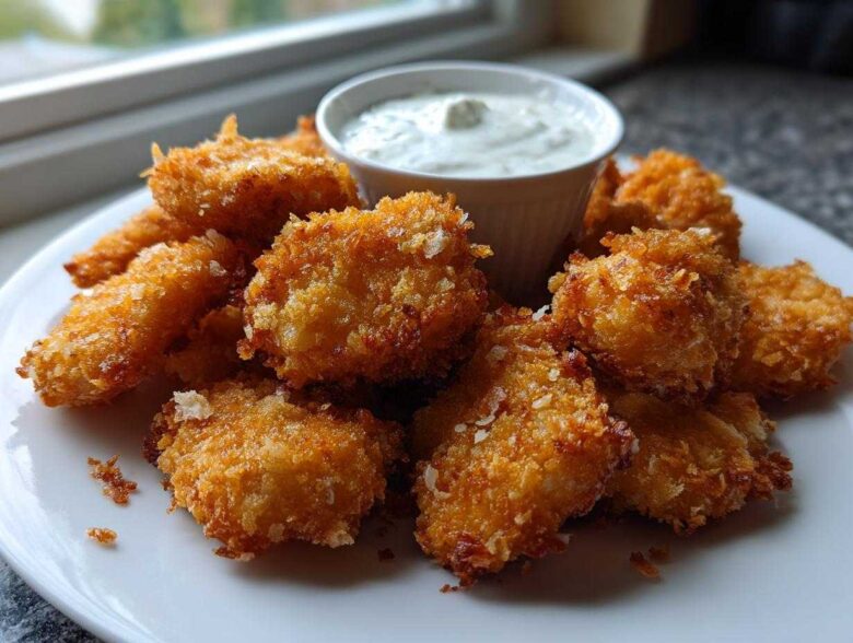 A plate piled high with golden brown, crispy chicken nuggets served with a small white ramekin of ranch dip.