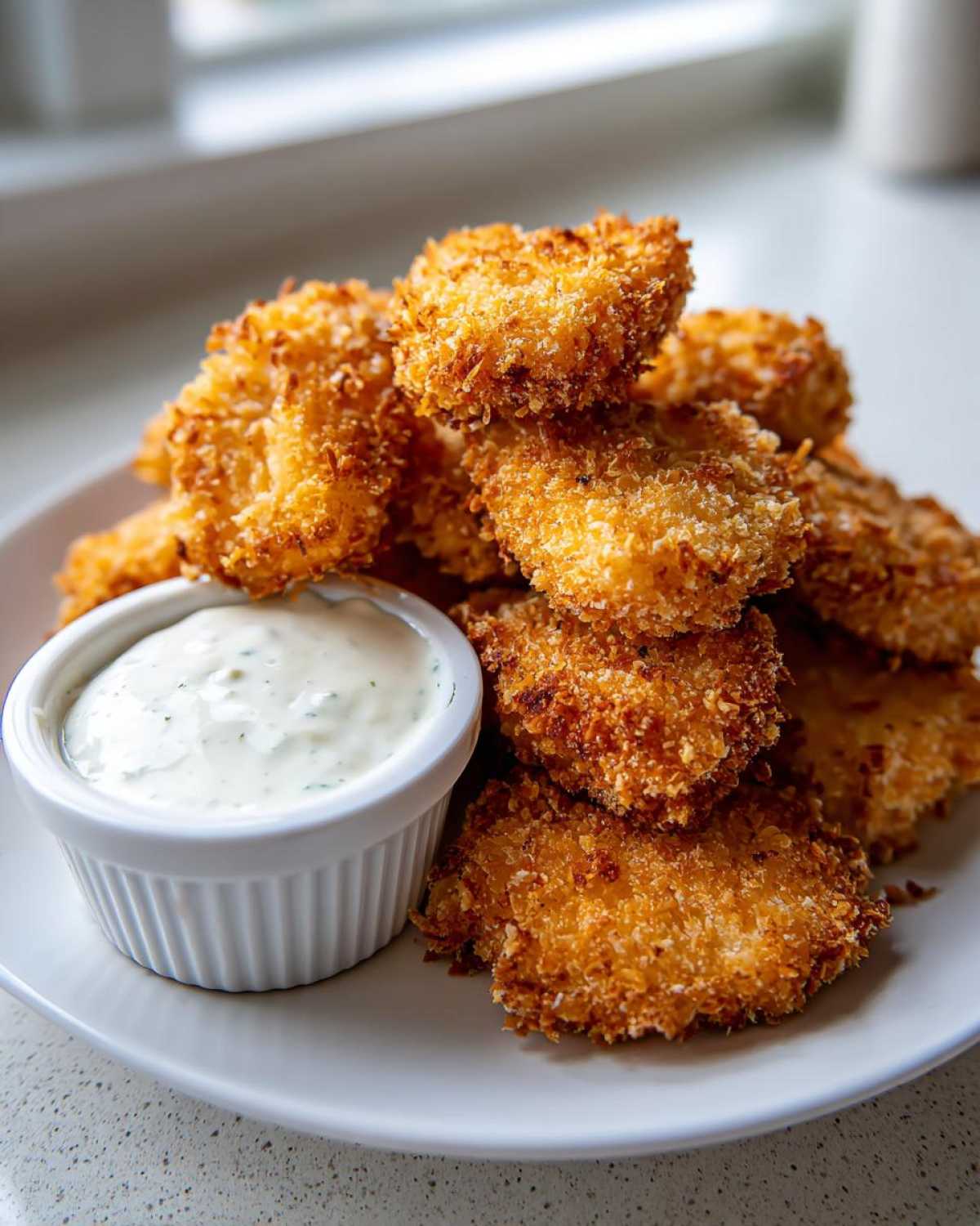 A stack of golden brown, crispy chicken nuggets served with a small white ramekin of creamy ranch dip.
