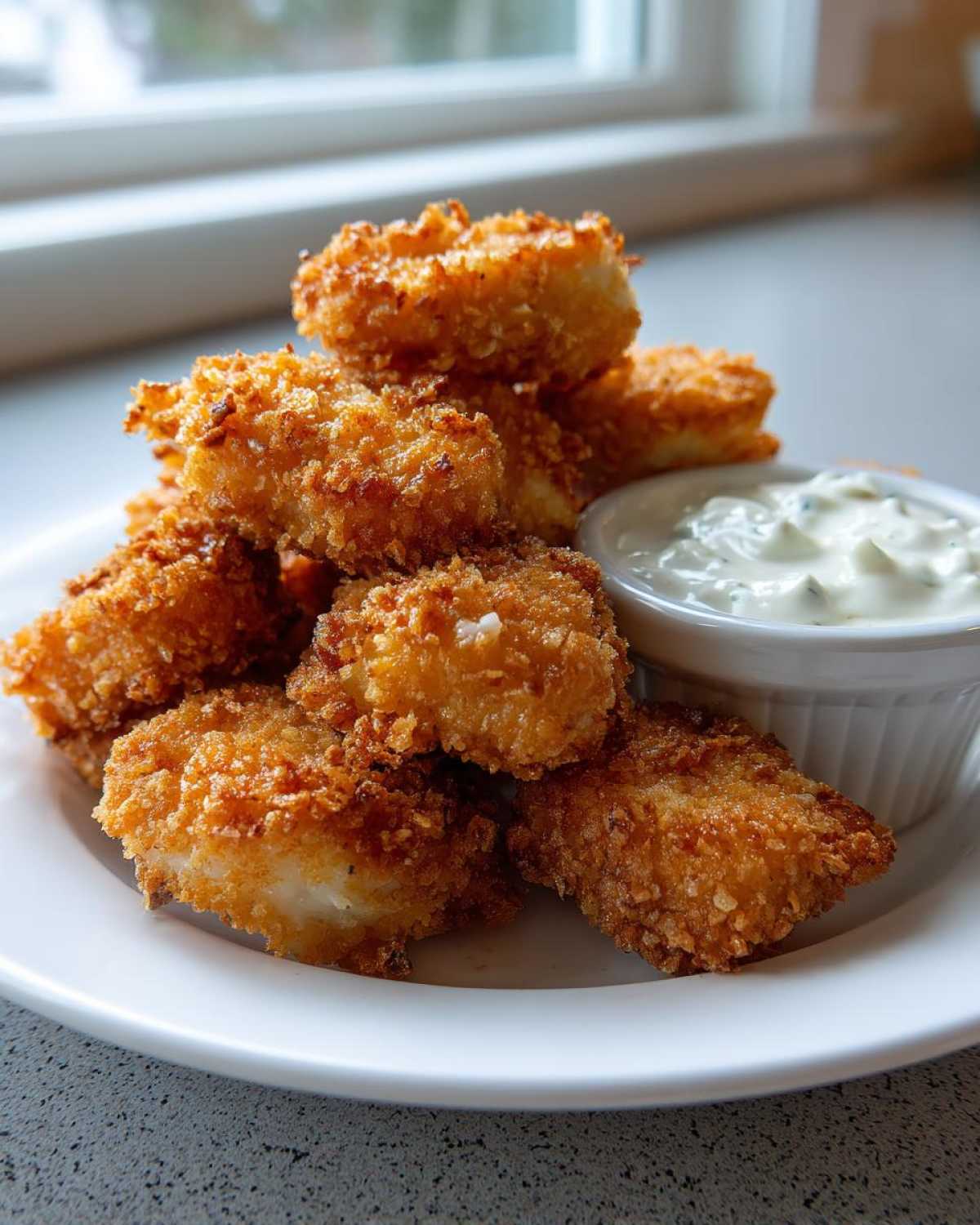 A stack of golden brown, crispy chicken nuggets served on a white plate next to a small bowl of creamy ranch dip.