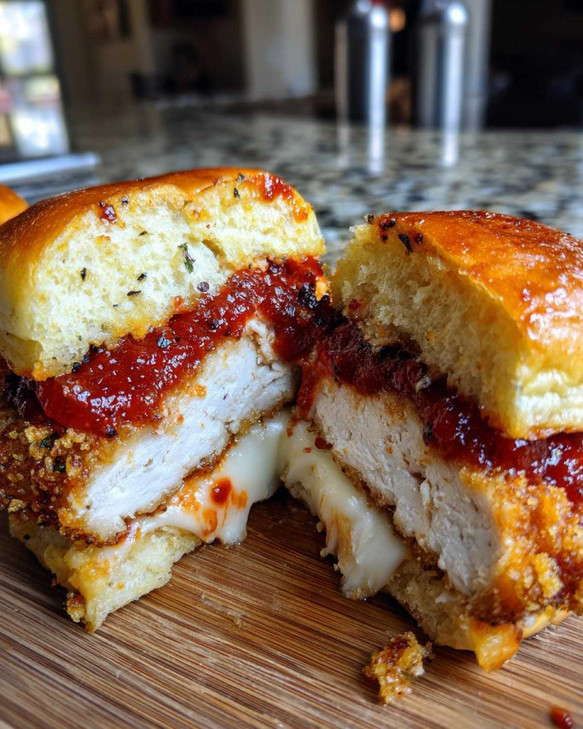 A close-up cross-section of Crispy Chicken Parmesan Sliders showing melted cheese oozing out, crispy chicken, and marinara sauce on a brioche bun.
