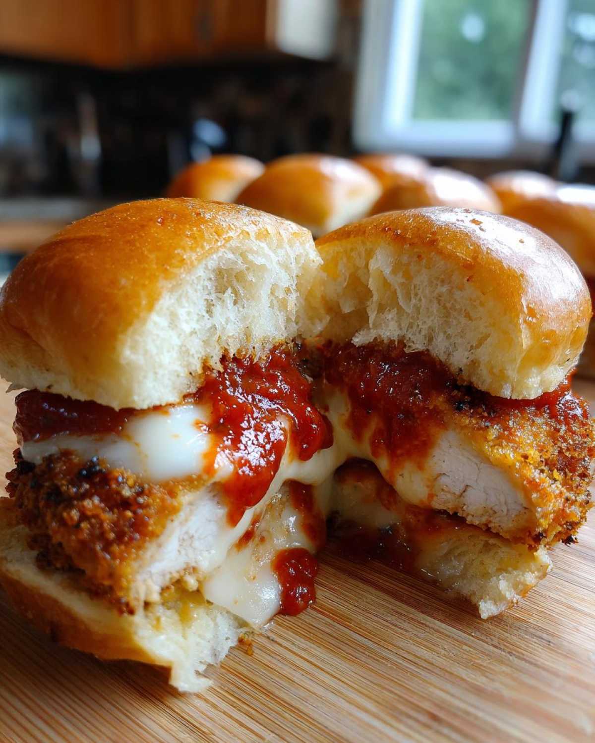 Cross-section of a Crispy Chicken Parmesan Sliders showing melted mozzarella, marinara sauce, and a crispy chicken cutlet on a soft roll.