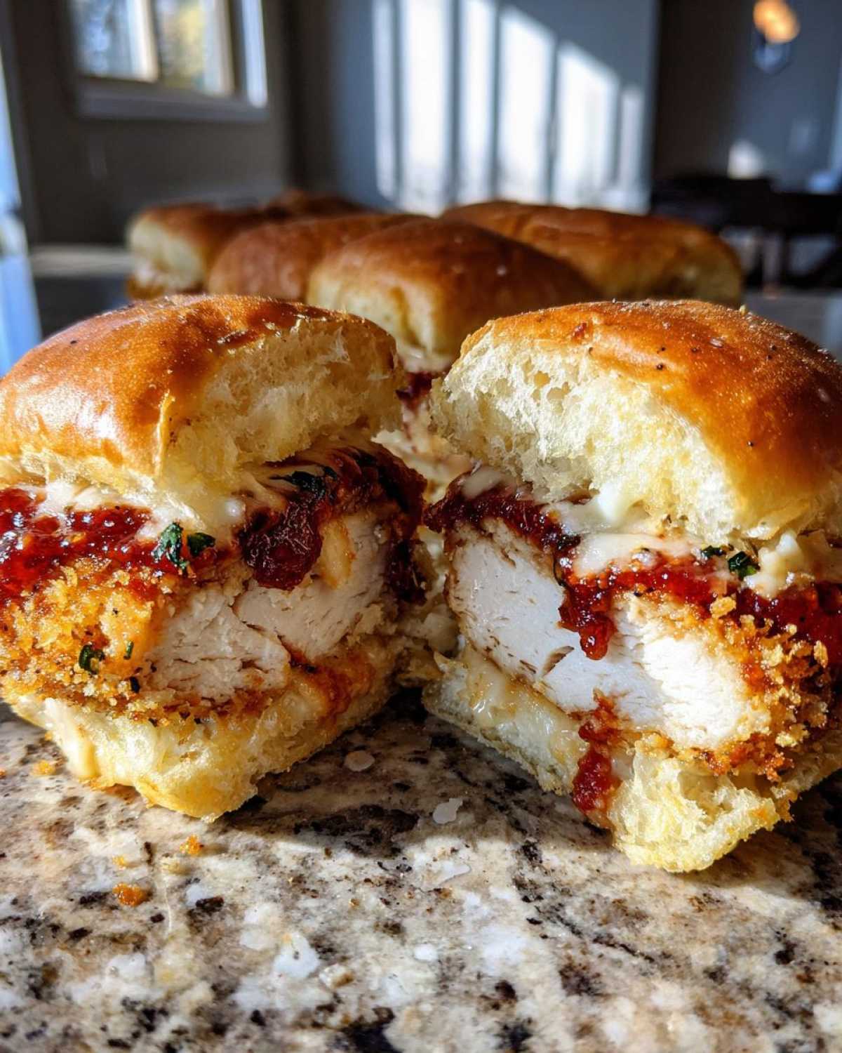 Close-up of a Crispy Chicken Parmesan Slider cut in half, showing crispy chicken, melted cheese, and marinara sauce on a soft roll.