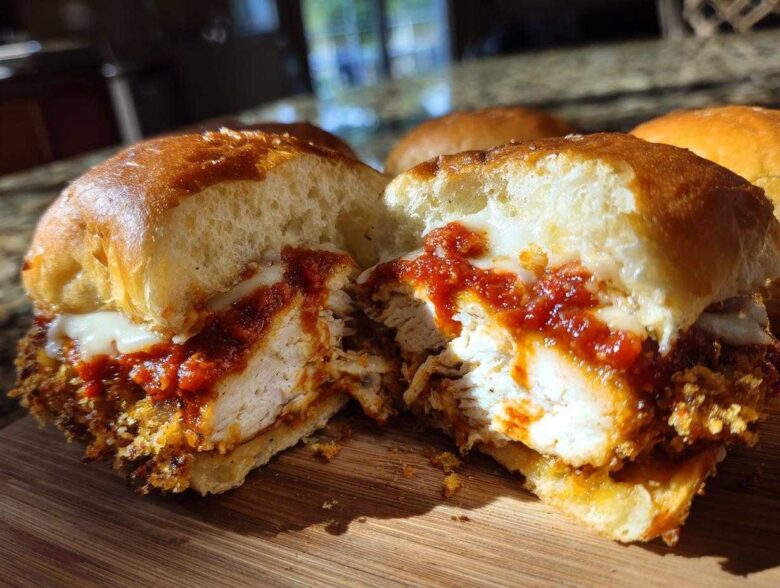 Close-up of a Crispy Chicken Parmesan Slider cut in half showing crispy chicken, melted cheese, and marinara sauce.
