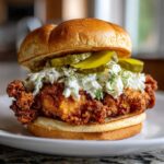 Close-up of a Crispy Chicken Sandwich with Creamy Slaw, pickles, and a brioche bun.