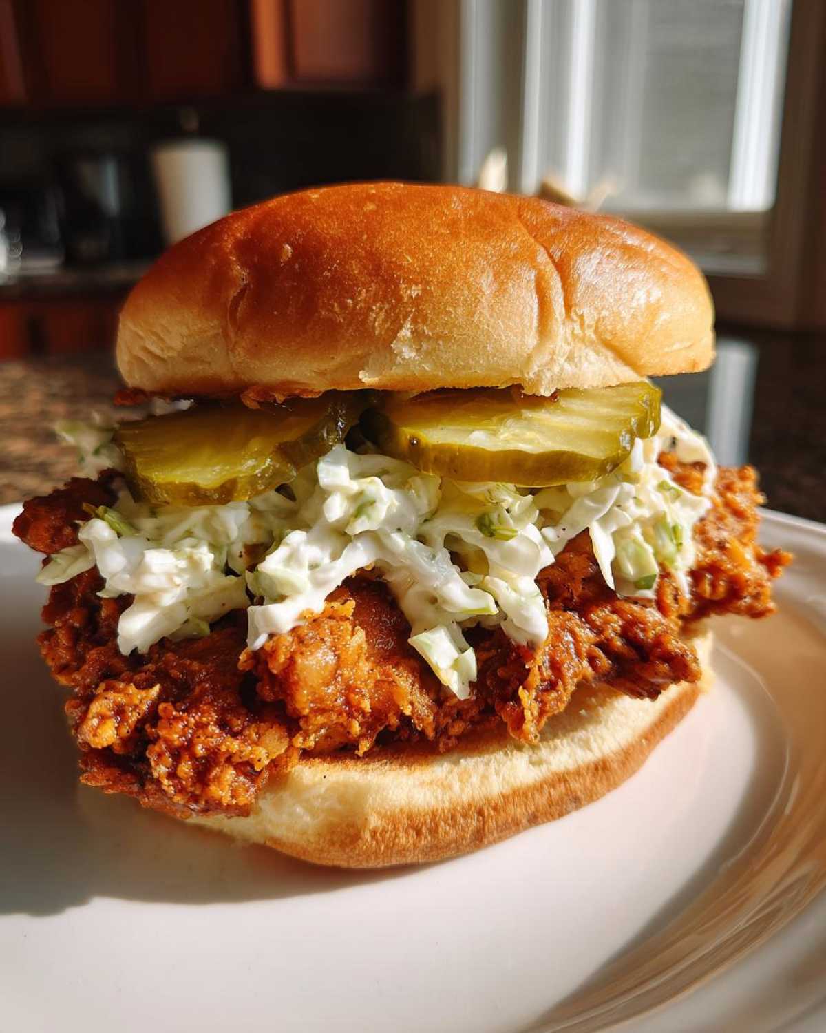 A close-up of a Crispy Chicken Sandwich with Creamy Slaw, topped with pickles on a brioche bun.