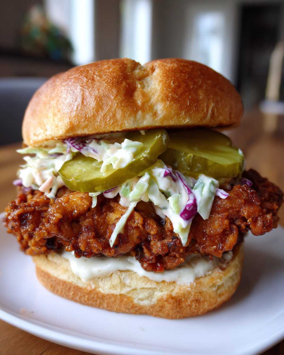 A close-up of a Crispy Chicken Sandwich with Creamy Slaw, pickles, and a brioche bun.