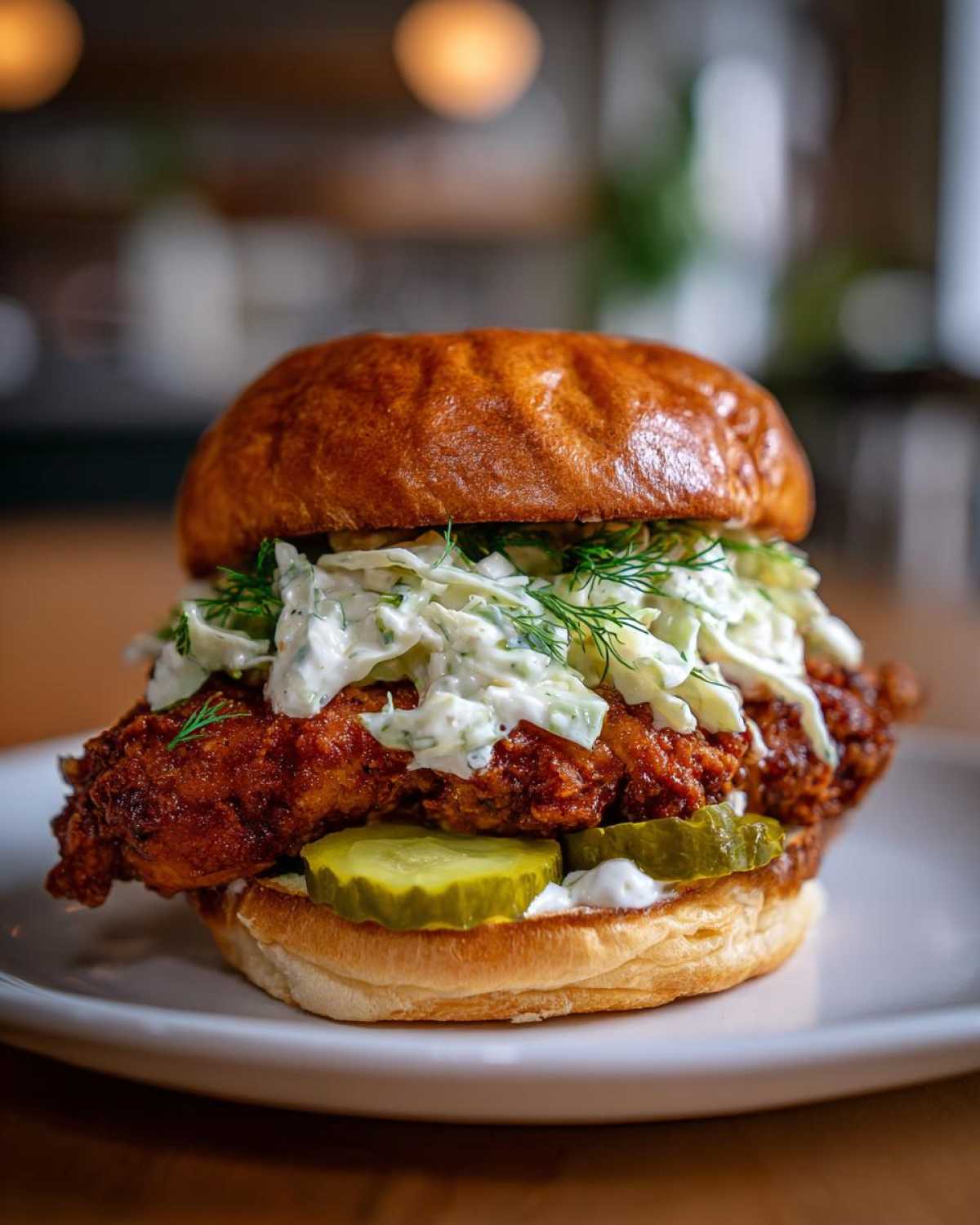 A perfectly assembled Crispy Chicken Sandwich with Creamy Slaw piled high on a brioche bun with pickles.