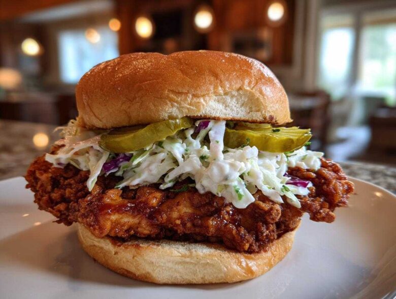 A close-up of a juicy Crispy Chicken Sandwich with Creamy Slaw, pickles, and a brioche bun.