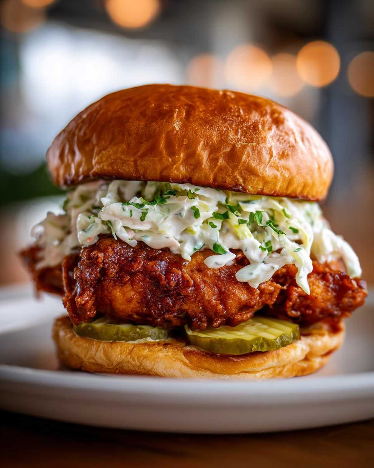 A close-up of a towering Crispy Chicken Sandwich with Creamy Slaw, pickles, and a brioche bun.