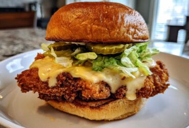 A close-up of a Crispy Chicken Sandwich with Garlic Parmesan Sauce, lettuce, and pickles on a brioche bun.