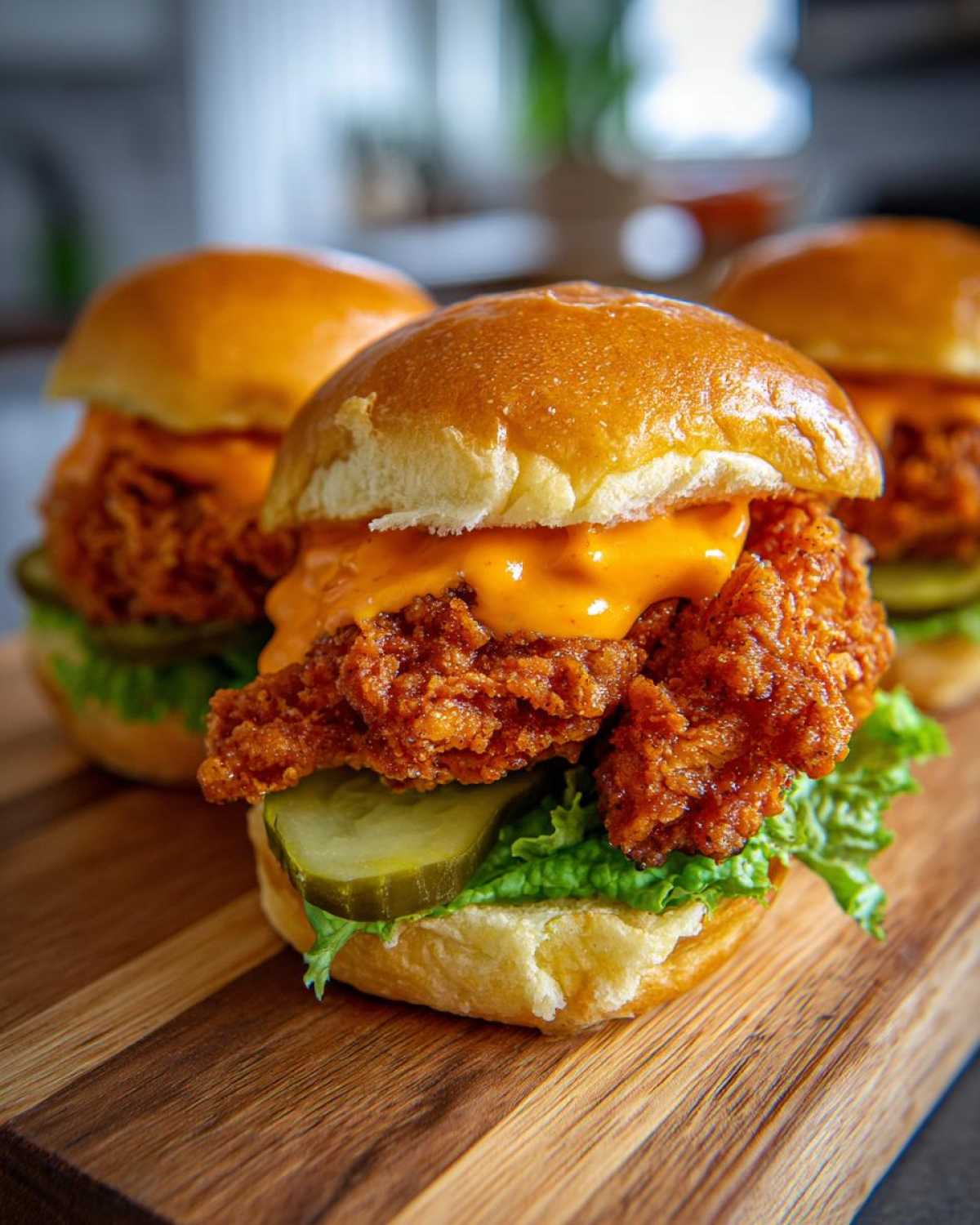 Three Crispy Chicken Sliders with Spicy Mayo, lettuce, and pickles stacked on a wooden board.