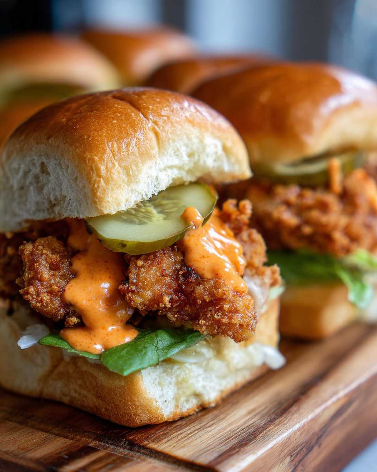 A close-up of a Crispy Chicken Sliders with Spicy Mayo, featuring a fried chicken patty, pickle, and orange sauce on a brioche bun.
