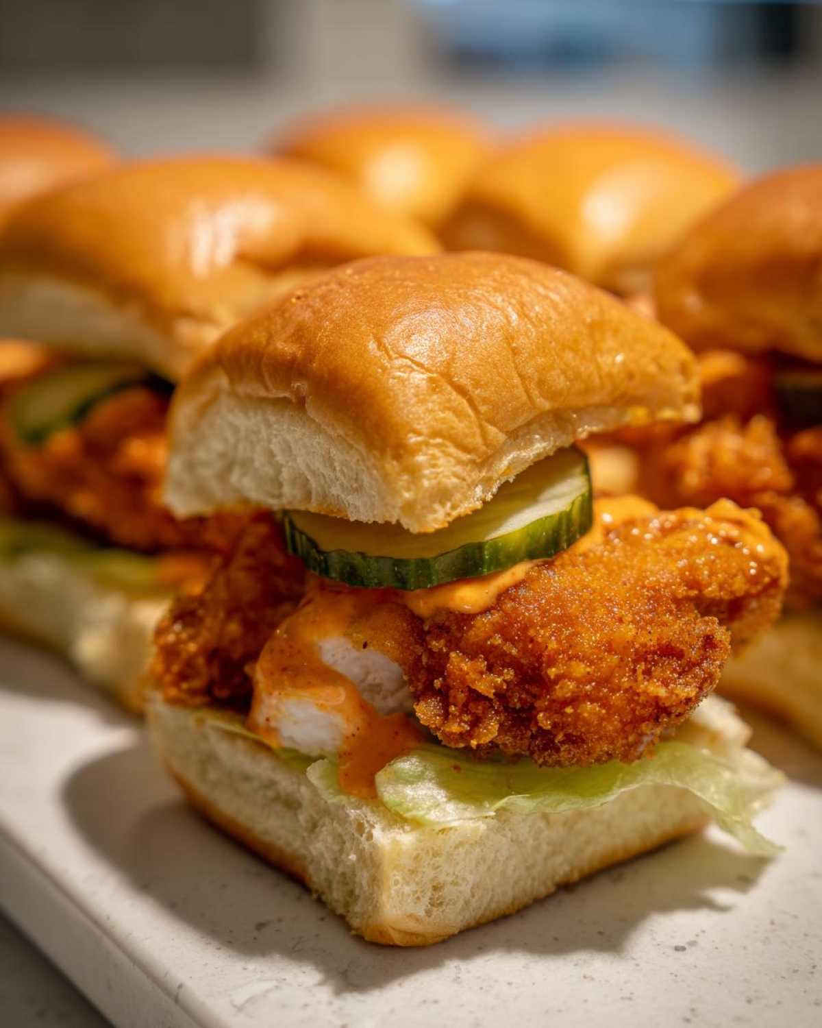 A close-up of one of the Crispy Chicken Sliders with Spicy Mayo, showing the crunchy fried chicken, pickle, and orange sauce on a soft bun.