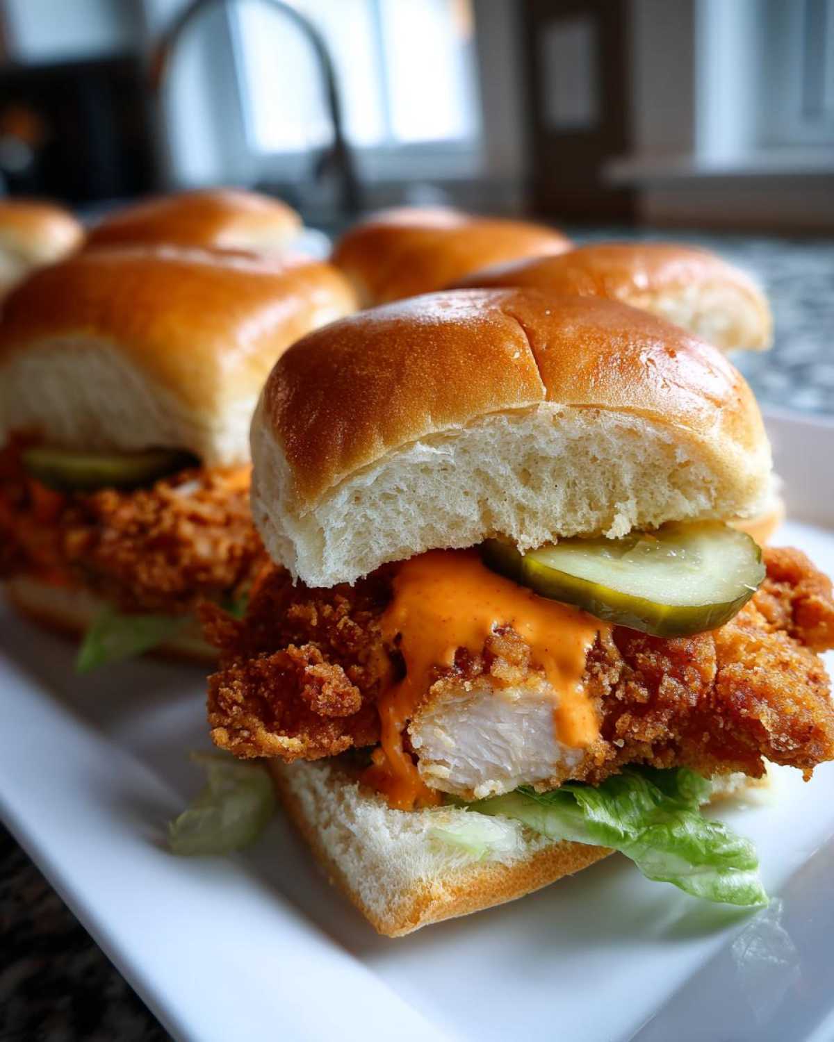 A close-up of one of the Crispy Chicken Sliders with Spicy Mayo, showing the crunchy fried chicken, pickle, and orange sauce on a soft bun.